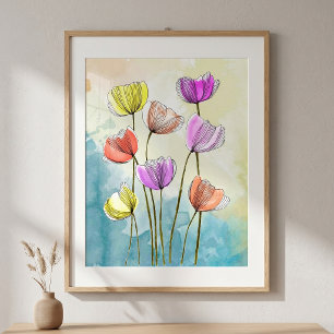 Lebendige Aquarell-Blumen-Feinliniendrawing Poster