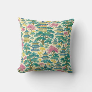 Lebendige Aquarell-Chinoiserie im Gold-Pagoden-Mus Kissen
