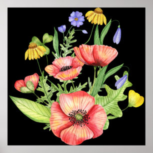 Lebendige Aquarell-Wildblumen auf schwarzer Leinwa Poster