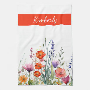 Lebendige Aquarell-Wildblumen personalisiert Geschirrtuch