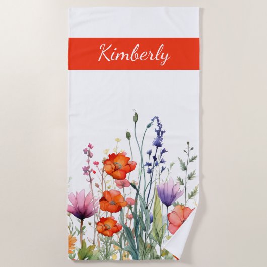 Lebendige Aquarell-Wildblumen personalisiert Strandtuch (Vorderseite)