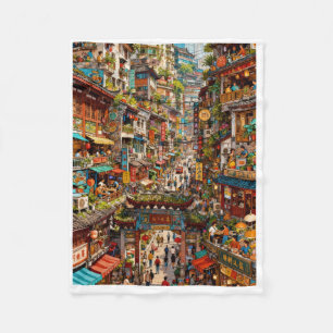 Lebendige asiatische Straßenmarkt-Wurfdecke Fleecedecke