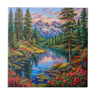 Lebendige Berglandschaft mit Spiegelung Fliese