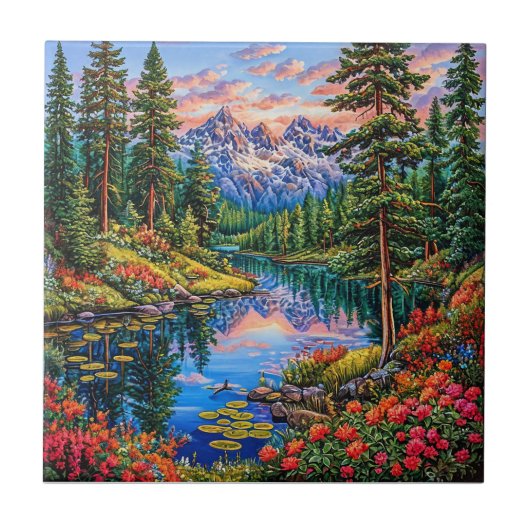 Lebendige Berglandschaft mit Spiegelung Fliese (Vorderseite)