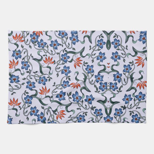 Lebendige blaue Blumenmuster mit grünen Reben Geschirrtuch (Horizontal)