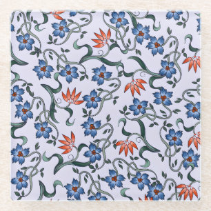Lebendige blaue Blumenmuster mit grünen Reben Glasuntersetzer