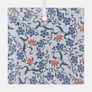 Lebendige blaue Blumenmuster mit grünen Reben Ornament Aus Glas