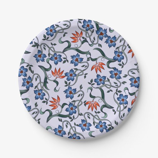 Lebendige blaue Blumenmuster mit grünen Reben Pappteller (Vorderseite)