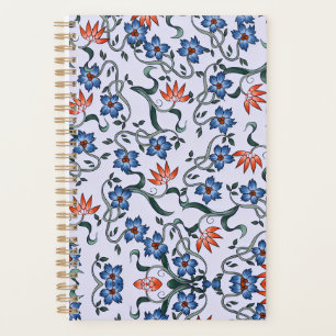 Lebendige blaue Blumenmuster mit grünen Reben Planer