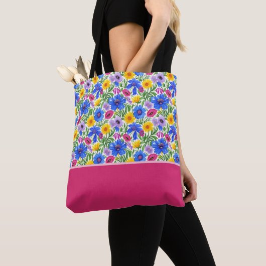 Lebendige Blaue Gelbe Rote Violette Blumen Farbblo Tasche (Von Nahem)