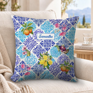 Lebendige blaue mediterrane Zitrus-Azulejo-Fliese Kissen