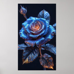 Lebendige Blaue Rosenblüte mit metallischem Glanz Poster