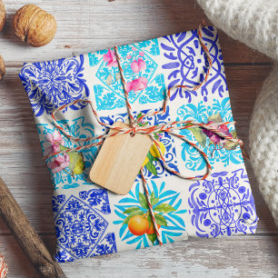 Lebendige blaue sizilianische Zitrus-Mittelmeerfli Geschenkpapier