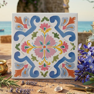Lebendige blaue und rosa volkstümliche Blumenverzi Fliese