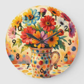 Lebendige Blumen, farbenfrohe Punkte, Große Wanduhr (Vorderseite)