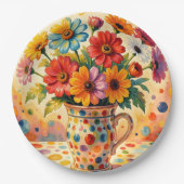 Lebendige Blumen, farbenfrohe Punkte, Pappteller (Vorderseite)
