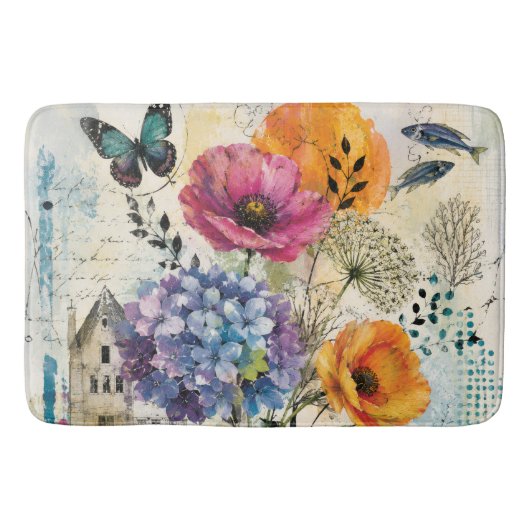 Lebendige botanische Mixed-Media-Collage-Kunst Badematte (Vorderseite)