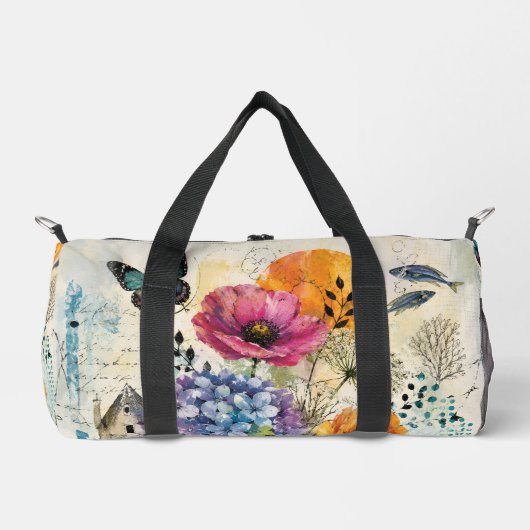 Lebendige botanische Mixed-Media-Collage-Kunst Duffle Bag (Vorderseite)