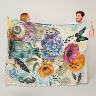 Lebendige botanische Mixed-Media-Collage-Kunst Fleecedecke