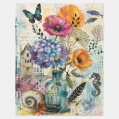Lebendige botanische Mixed-Media-Collage-Kunst Fleecedecke (Vorderseite)