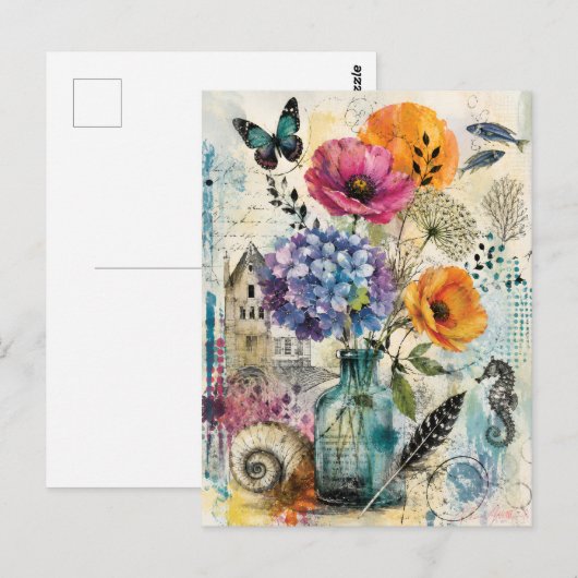 Lebendige botanische Mixed-Media-Collage-Kunst Postkarte (Vorne/Hinten)
