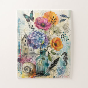 Lebendige botanische Mixed-Media-Collage-Kunst Puzzle
