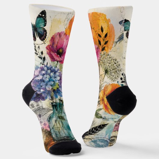 Lebendige botanische Mixed-Media-Collage-Kunst Socken (Gewinkelt)