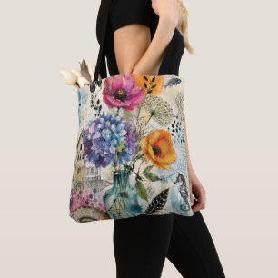 Lebendige botanische Mixed-Media-Collage-Kunst Tasche