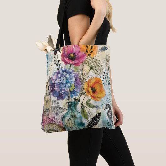 Lebendige botanische Mixed-Media-Collage-Kunst Tasche (Von Nahem)