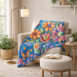Lebendige Bunte Blumenmuster Sherpadecke