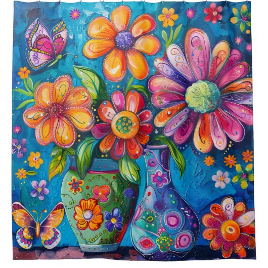 Lebendige Bunte Blumige Duschvorhang (Vorderseite)