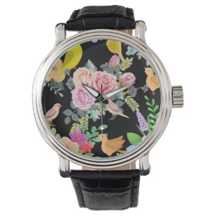 Lebendige bunte Vögel und Blumen Kunst auf Schwarz Armbanduhr