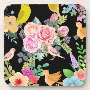 Lebendige bunte Vögel und Blumen Kunst auf Schwarz Getränkeuntersetzer