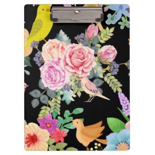 Lebendige bunte Vögel und Blumen Kunst auf Schwarz Klemmbrett