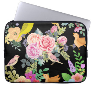 Lebendige bunte Vögel und Blumen Kunst auf Schwarz Laptopschutzhülle