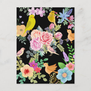Lebendige bunte Vögel und Blumen Kunst auf Schwarz Postkarte