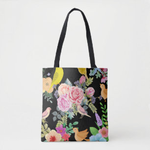 Lebendige bunte Vögel und Blumen Kunst auf Schwarz Tasche