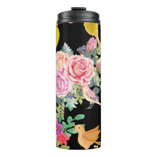 Lebendige bunte Vögel und Blumen Kunst auf Schwarz Thermosbecher