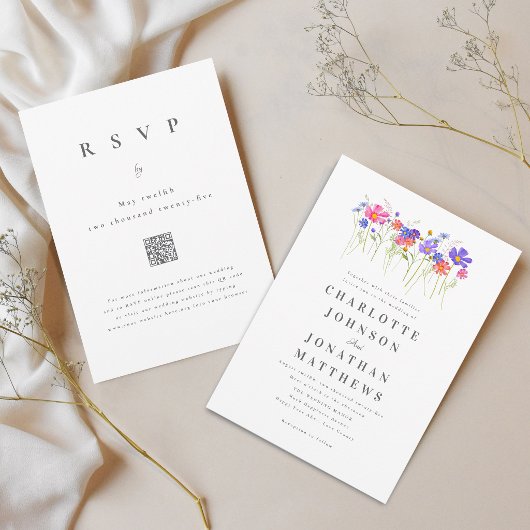 Lebendige Bunte Wildblumen-Hochzeit QR-Code Einladung