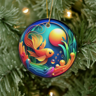 Lebendige Buntglas-Abstraktion Goldfisch Keramik Ornament