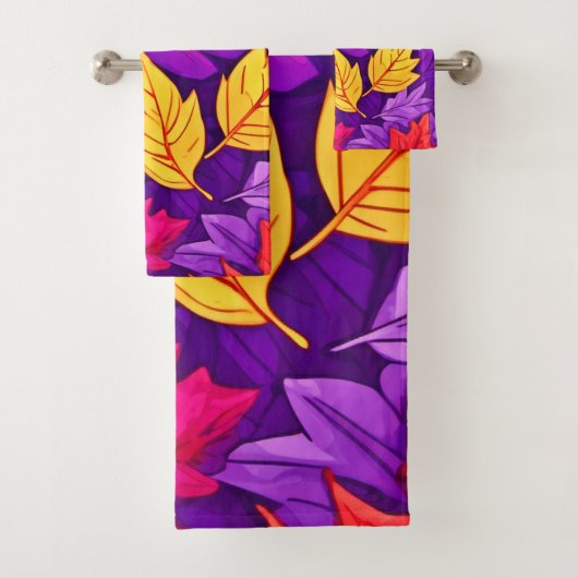 Lebendige Cartoon-Blätter: Lila, gelb, rot Badhandtuch Set (Insitu)