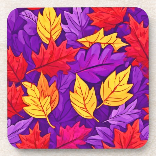 Lebendige Cartoon-Blätter: Lila, gelb, rot Getränkeuntersetzer (Vorderseite)