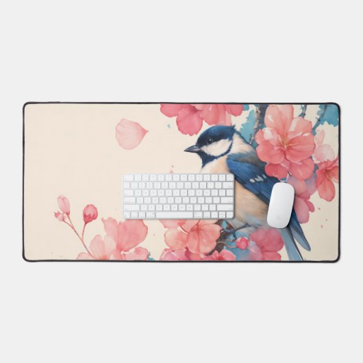 Lebendige Chickadee Hellrosa Kirschblüte Schreibtischunterlage (Tastatur & Maus)