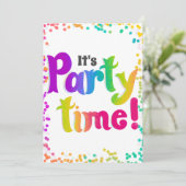 Lebendige Confetti Es ist Party Zeit! Celebration Einladung (Stehend Vorderseite)