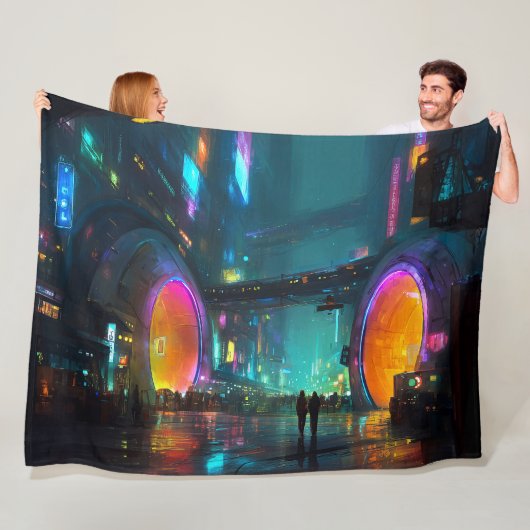 Lebendige Cyberpunk-Stadtlandschaft mit Bögen Fleecedecke (Beispiel)