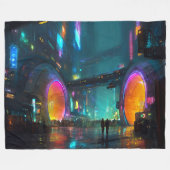 Lebendige Cyberpunk-Stadtlandschaft mit Bögen Fleecedecke (Vorderseite (Horizontal))