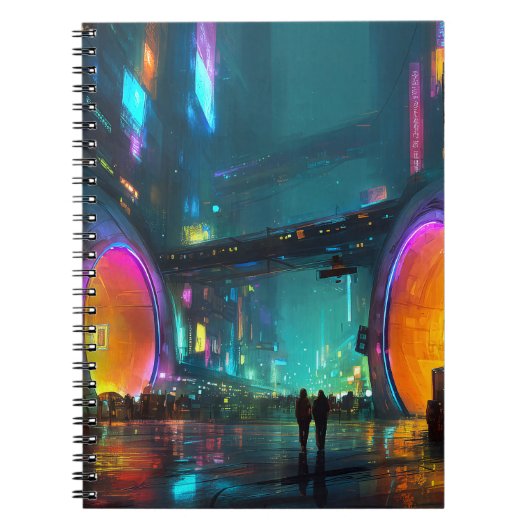 Lebendige Cyberpunk-Stadtlandschaft mit Bögen Notizblock (Vorderseite)