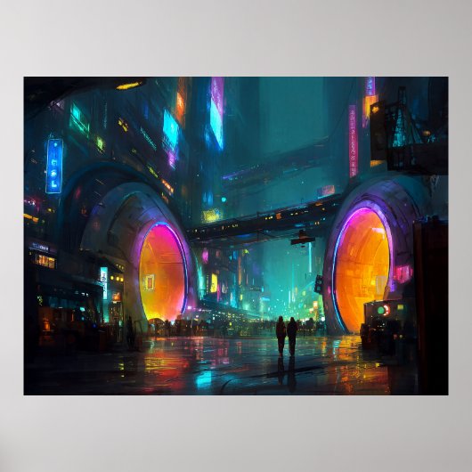Lebendige Cyberpunk-Stadtlandschaft mit Bögen Poster (Vorne)