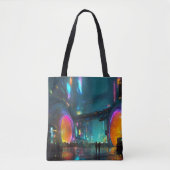 Lebendige Cyberpunk-Stadtlandschaft mit Bögen Tasche (Vorderseite)