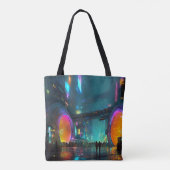 Lebendige Cyberpunk-Stadtlandschaft mit Bögen Tasche (Rückseite)